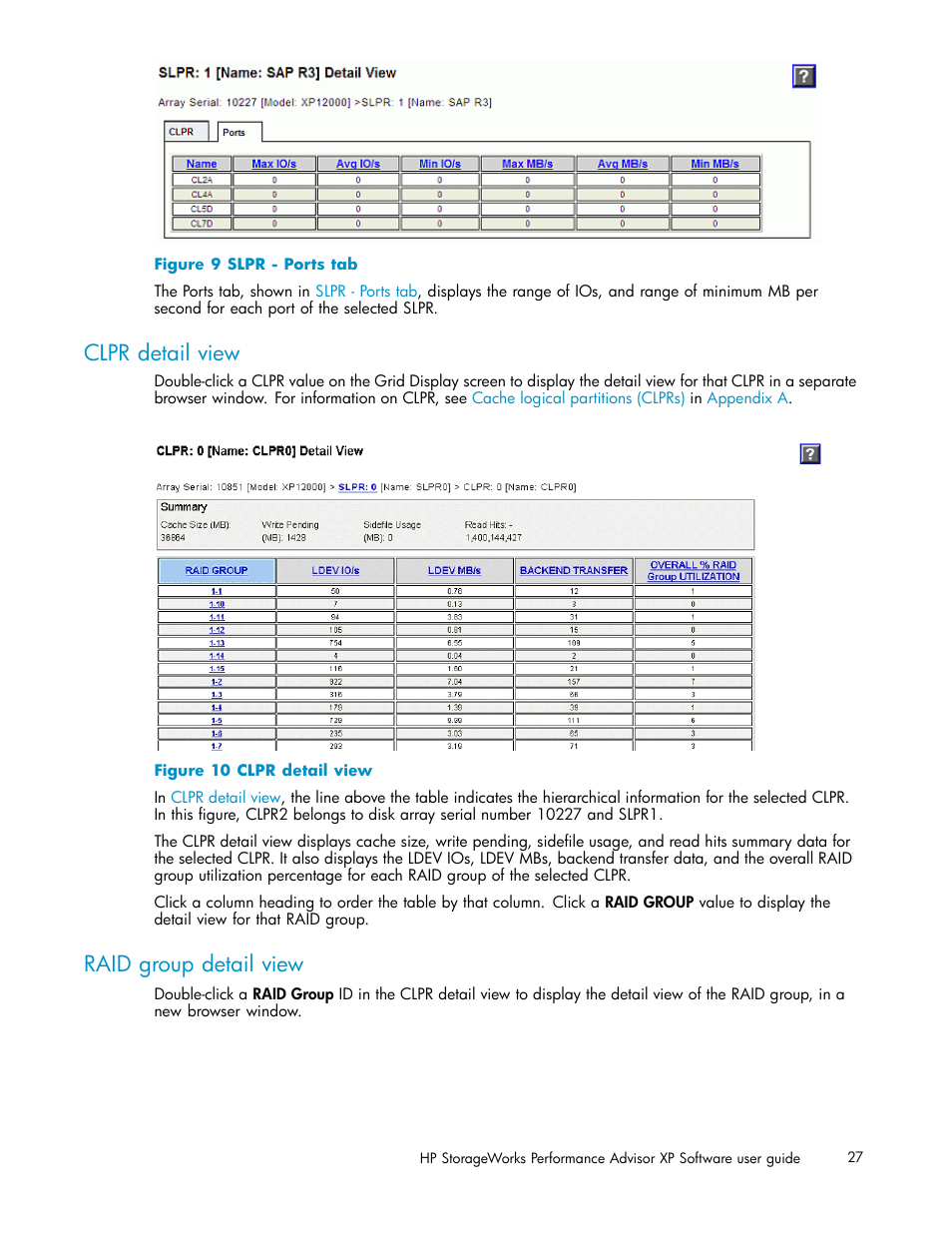 Clpr detail view, Raid group detail view, Slpr - ports tab | HP XP Performance Advisor Software User Manual | Page 27 / 159