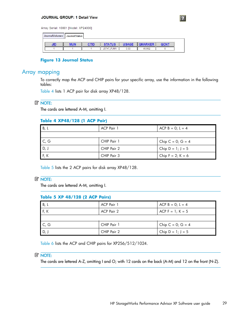 Array mapping, Journal status, Xp48/128 (1 acp pair) | Xp 48/128 (2 acp pairs) | HP XP Performance Advisor Software User Manual | Page 29 / 159