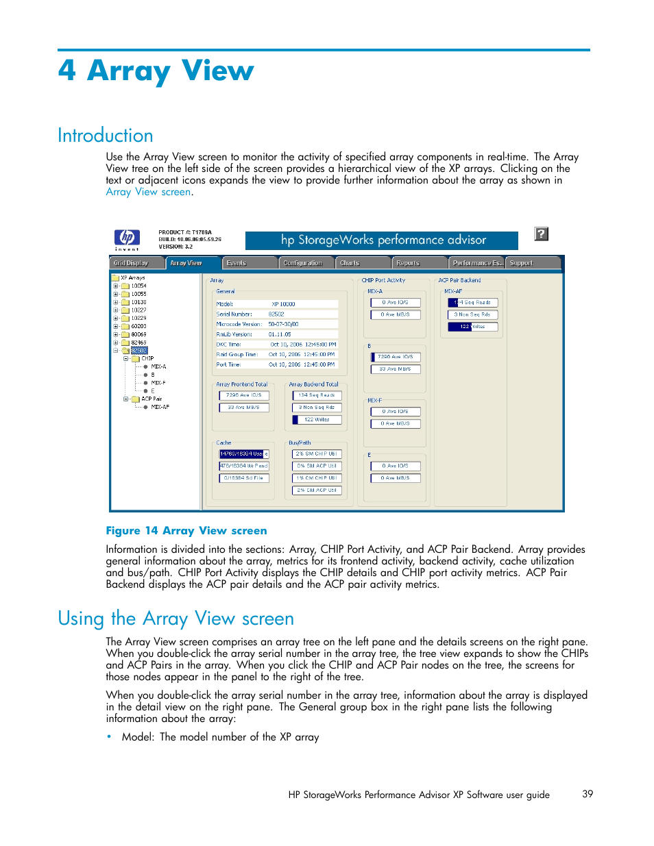 4 array view, Introduction, Using the array view screen | Array view screen | HP XP Performance Advisor Software User Manual | Page 39 / 159