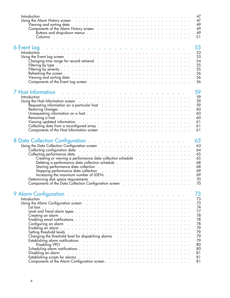 6 event log, 7 host information, 8 data collection configuration | 9 alarm configuration | HP XP Performance Advisor Software User Manual | Page 4 / 159