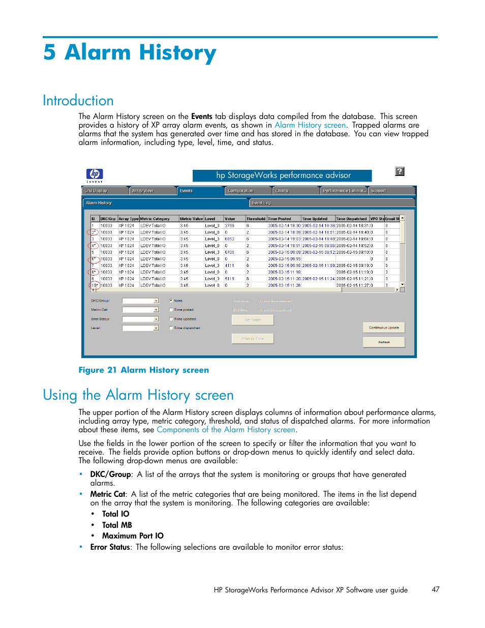 5 alarm history, Introduction, Using the alarm history screen | Alarm history screen | HP XP Performance Advisor Software User Manual | Page 47 / 159