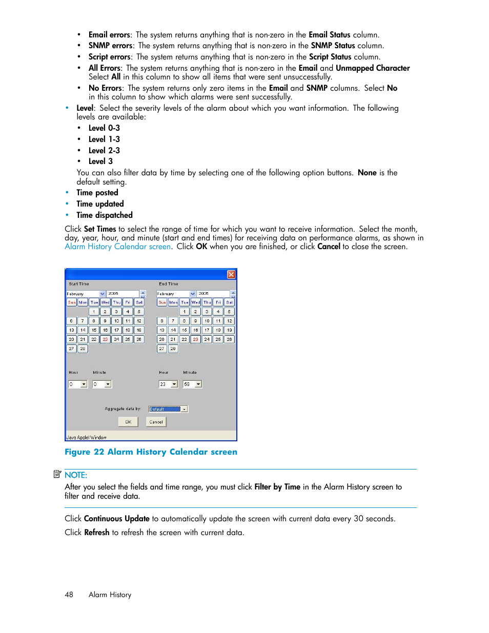 Alarm history calendar screen | HP XP Performance Advisor Software User Manual | Page 48 / 159