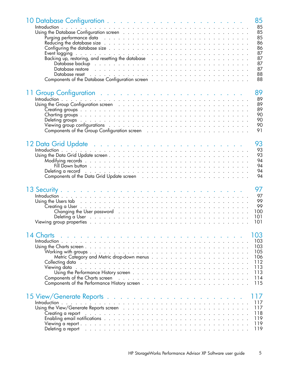 10 database configuration, 11 group configuration, 12 data grid update | 13 security, 14 charts, 15 view/generate reports | HP XP Performance Advisor Software User Manual | Page 5 / 159