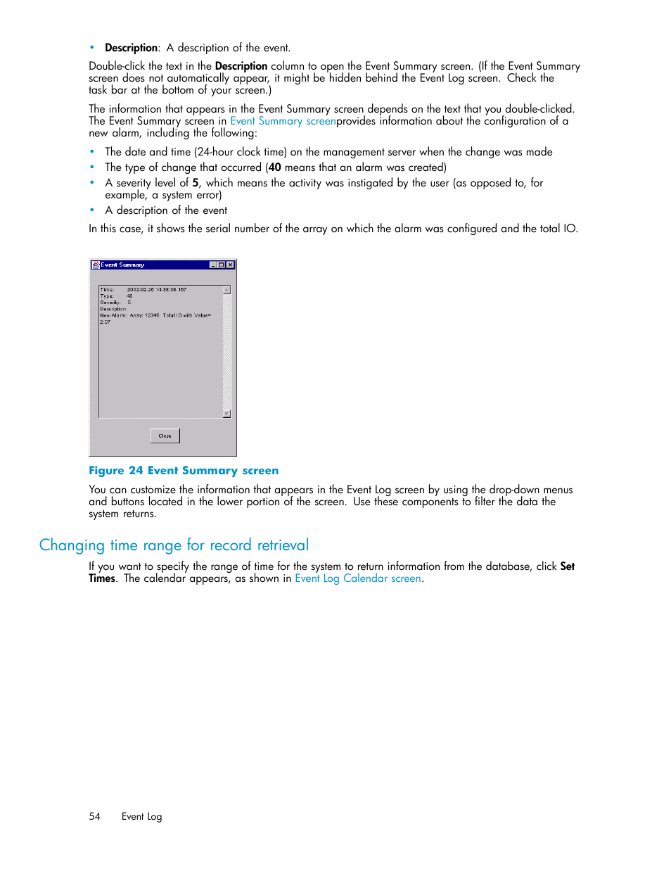 Changing time range for record retrieval, Event summary screen | HP XP Performance Advisor Software User Manual | Page 54 / 159