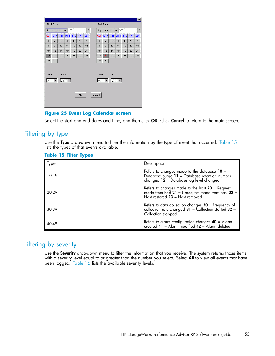 Filtering by type, Filtering by severity, Event log calendar screen | Filter types | HP XP Performance Advisor Software User Manual | Page 55 / 159