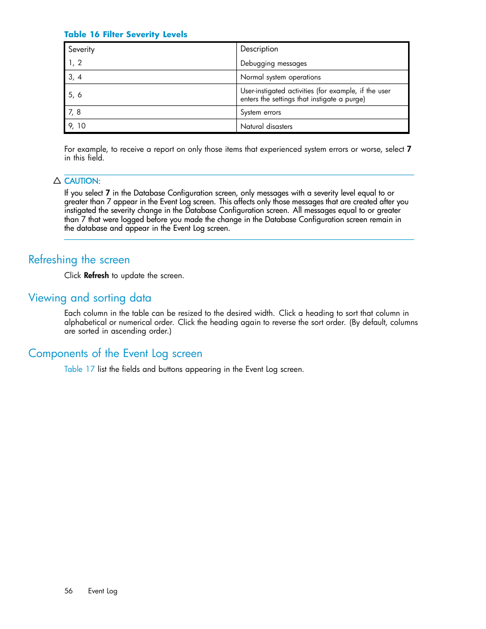 Refreshing the screen, Viewing and sorting data, Components of the event log screen | Filter severity levels | HP XP Performance Advisor Software User Manual | Page 56 / 159