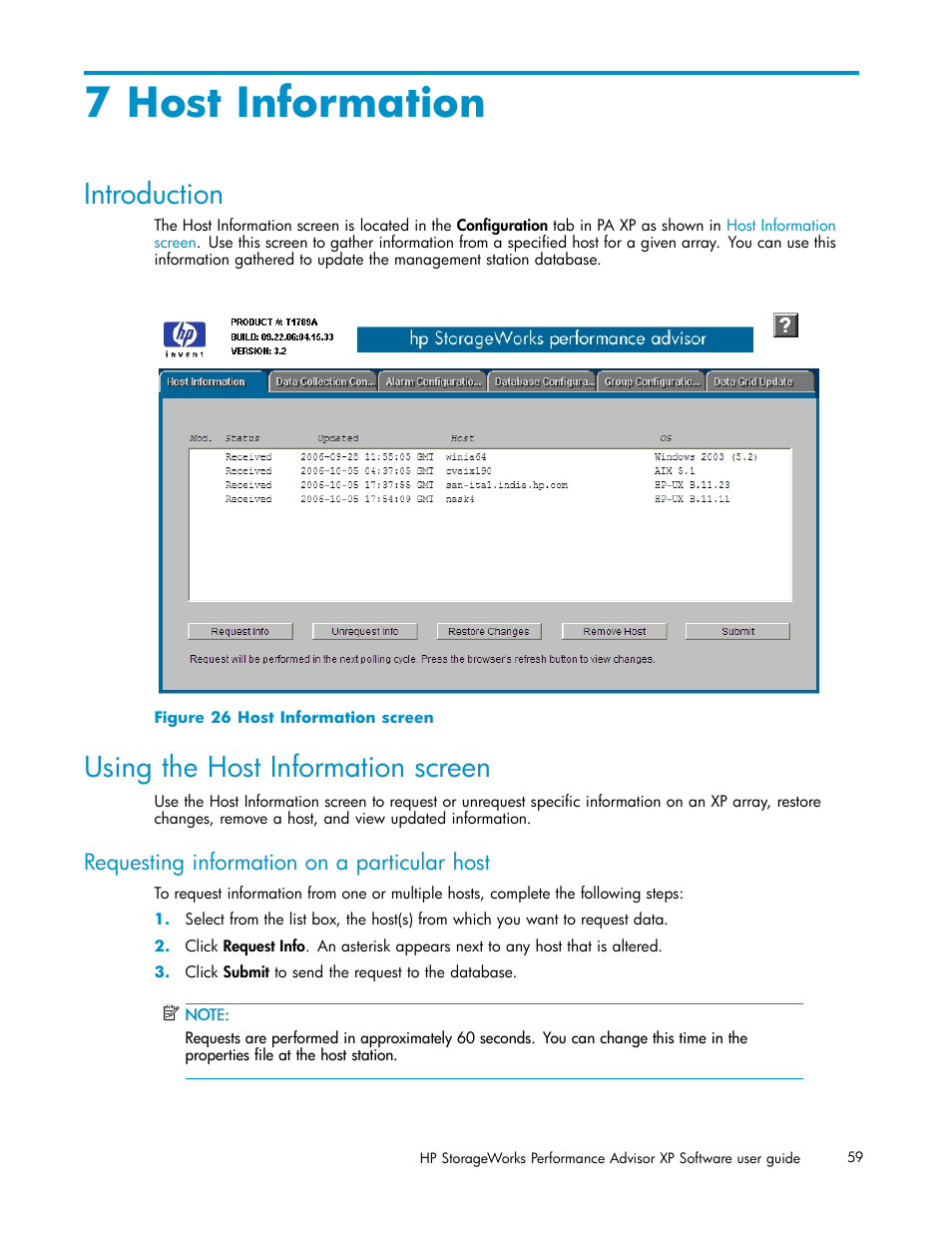 7 host information, Introduction, Using the host information screen | Requesting information on a particular host, Host information screen | HP XP Performance Advisor Software User Manual | Page 59 / 159