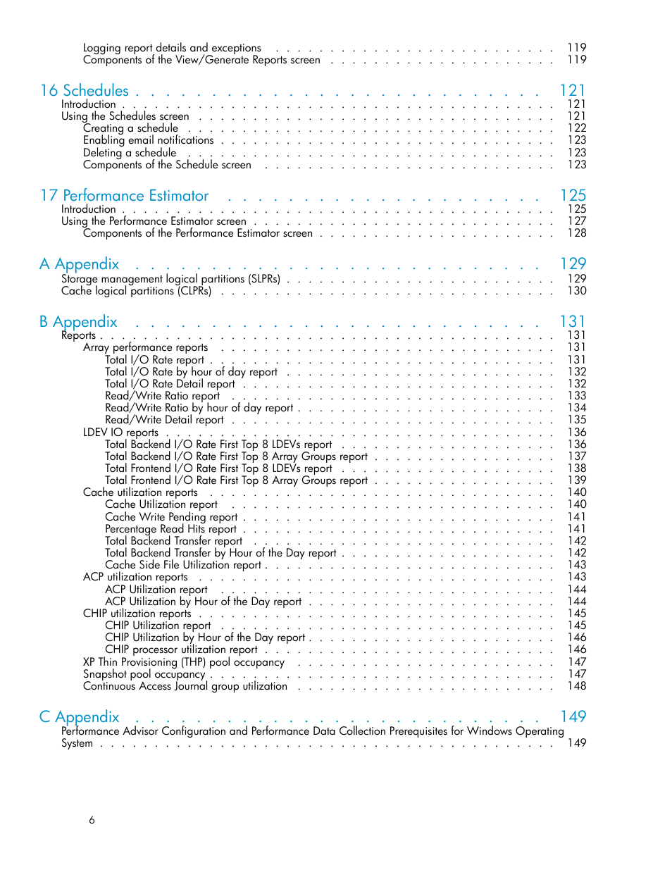 16 schedules, 17 performance estimator, A appendix | B appendix, C appendix | HP XP Performance Advisor Software User Manual | Page 6 / 159