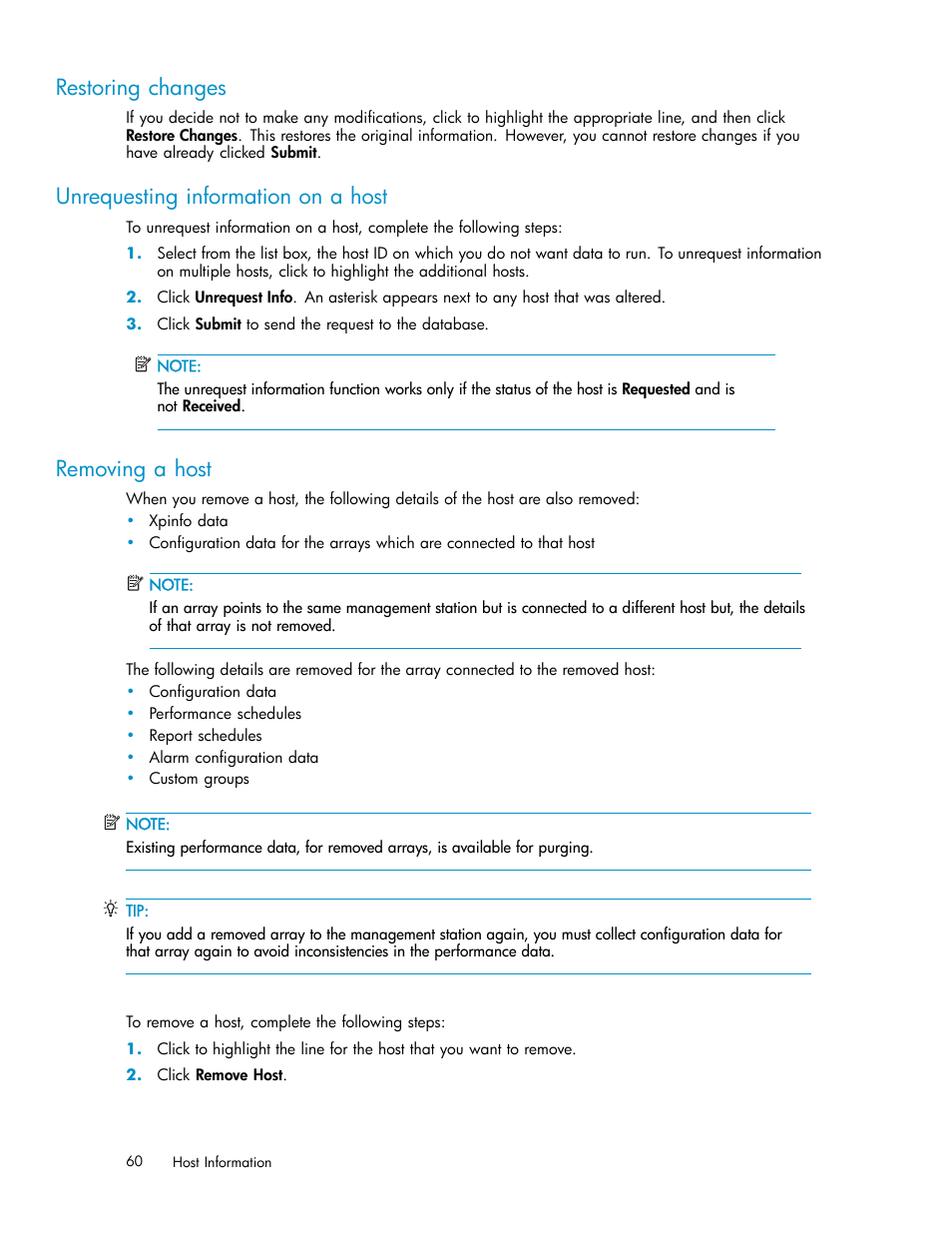 Restoring changes, Unrequesting information on a host, Removing a host | HP XP Performance Advisor Software User Manual | Page 60 / 159