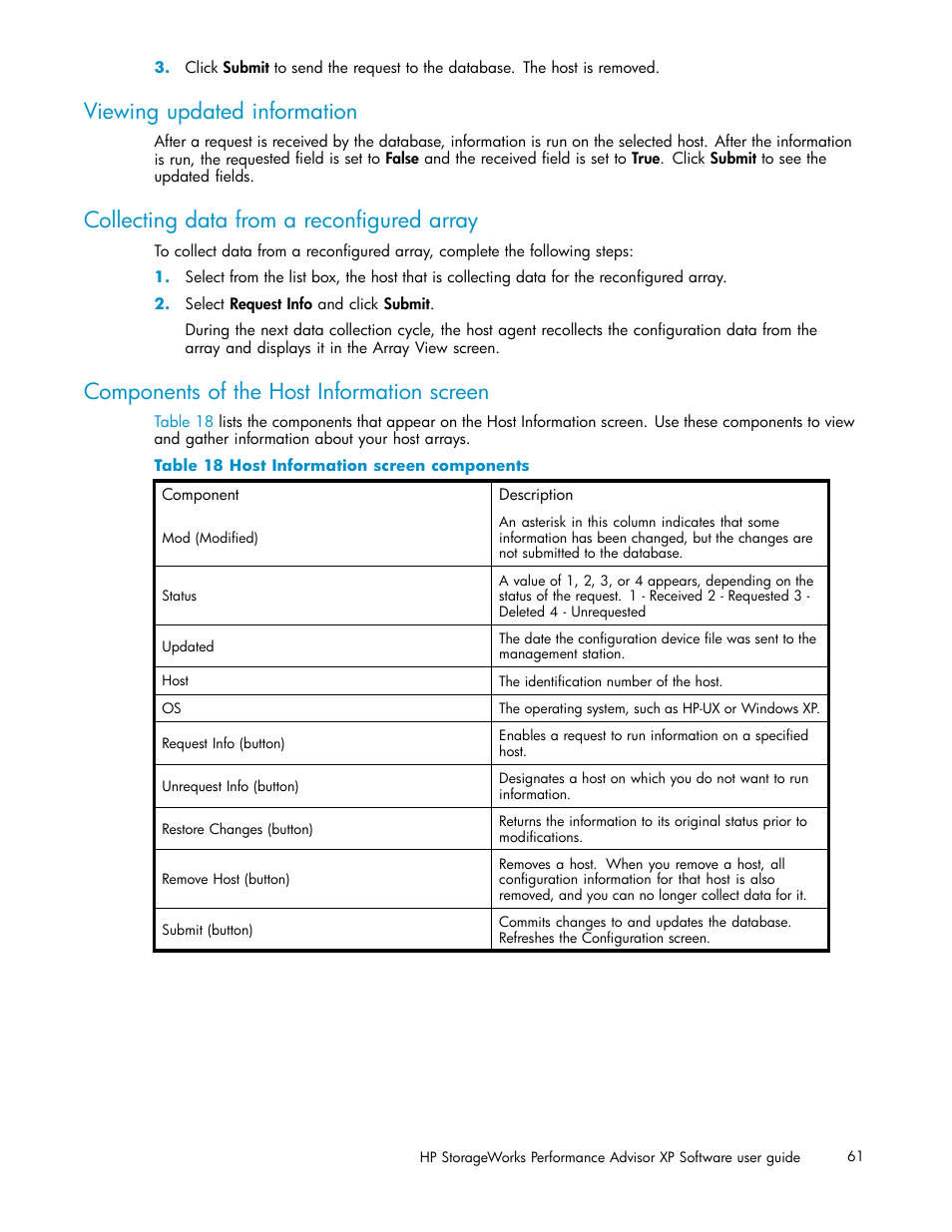 Viewing updated information, Collecting data from a reconfigured array, Components of the host information screen | Host information screen components | HP XP Performance Advisor Software User Manual | Page 61 / 159