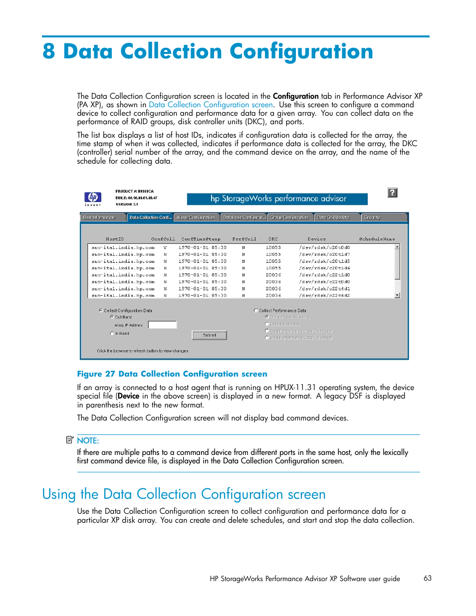 8 data collection configuration, Using the data collection configuration screen, Data collection configuration screen | Data collection configuration | HP XP Performance Advisor Software User Manual | Page 63 / 159