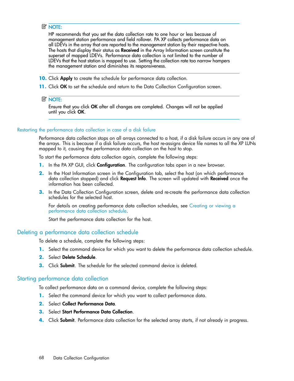 Deleting a performance data collection schedule, Starting performance data collection | HP XP Performance Advisor Software User Manual | Page 68 / 159