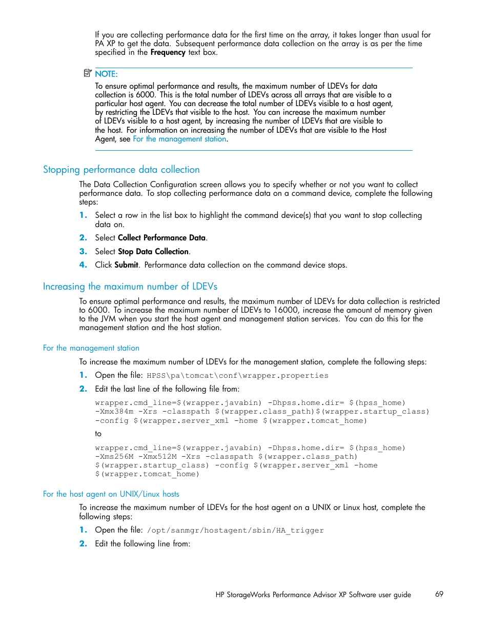 Stopping performance data collection, Increasing the maximum number of ldevs | HP XP Performance Advisor Software User Manual | Page 69 / 159