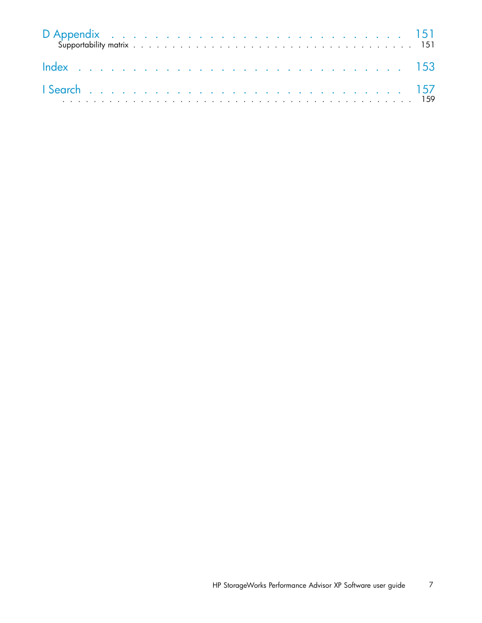 D appendix, Index i search | HP XP Performance Advisor Software User Manual | Page 7 / 159