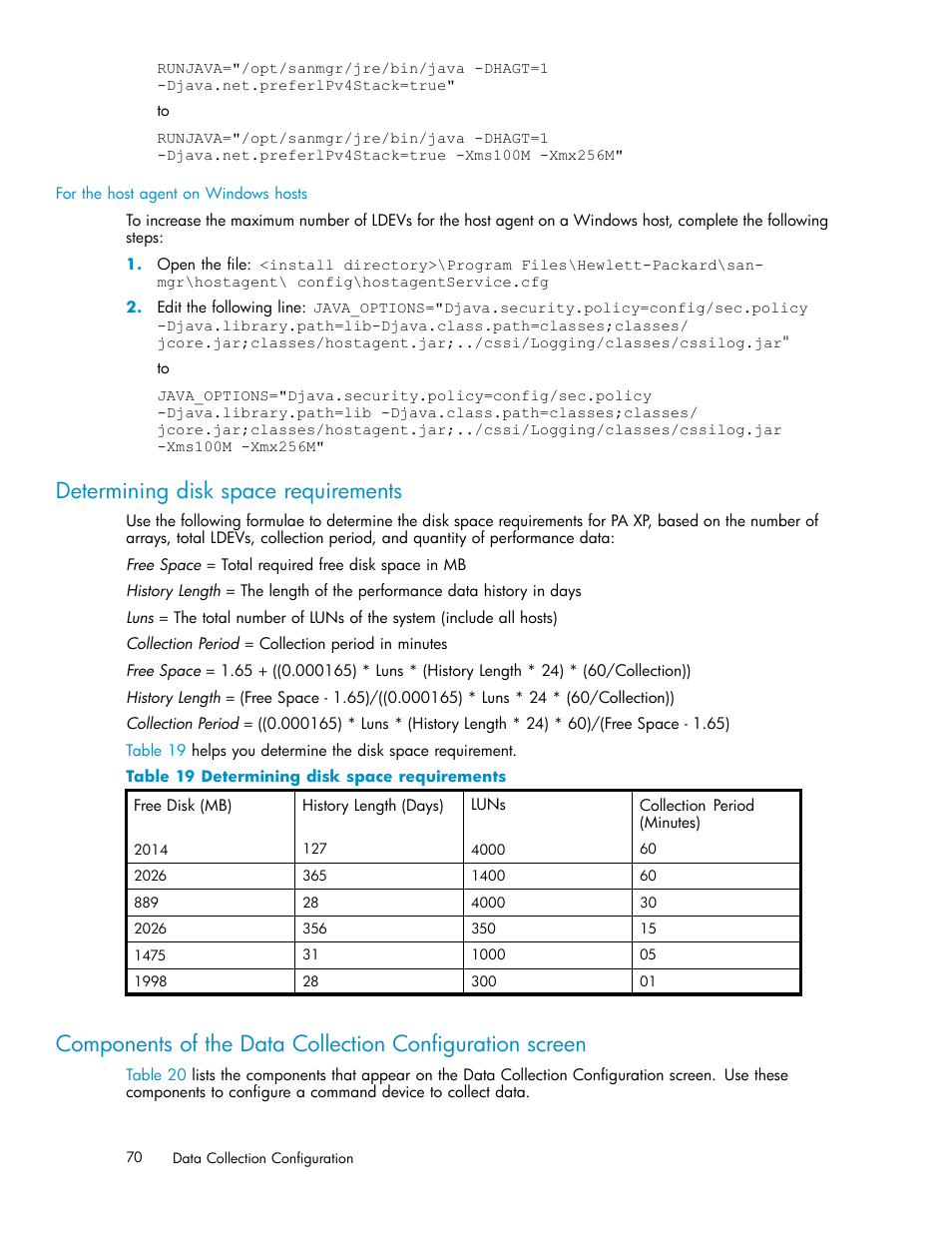 Determining disk space requirements | HP XP Performance Advisor Software User Manual | Page 70 / 159