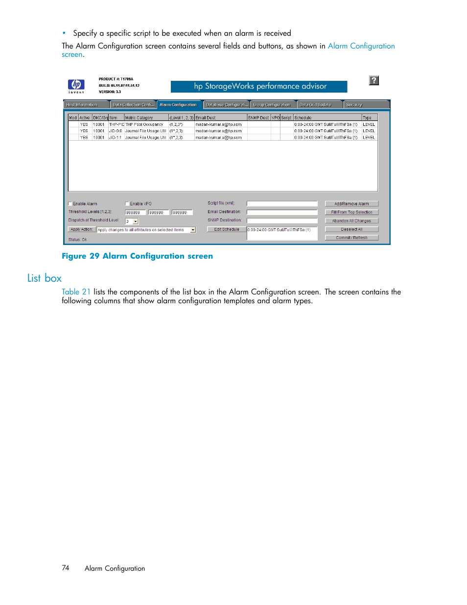 List box, Alarm configuration screen | HP XP Performance Advisor Software User Manual | Page 74 / 159