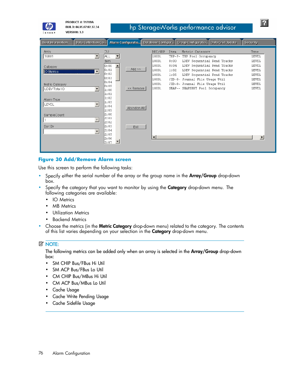 Add/remove alarm screen | HP XP Performance Advisor Software User Manual | Page 76 / 159