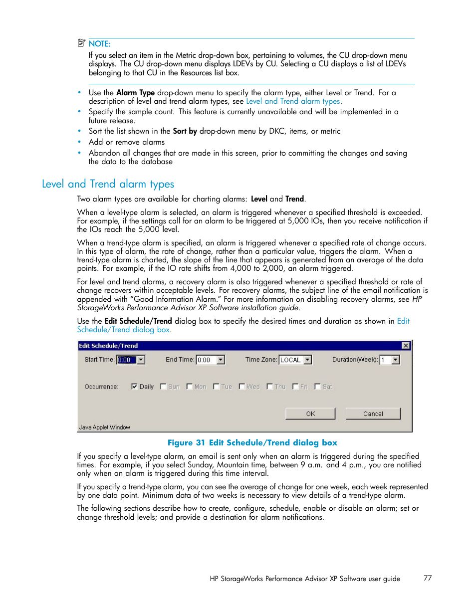 Level and trend alarm types, Edit schedule/trend dialog box | HP XP Performance Advisor Software User Manual | Page 77 / 159