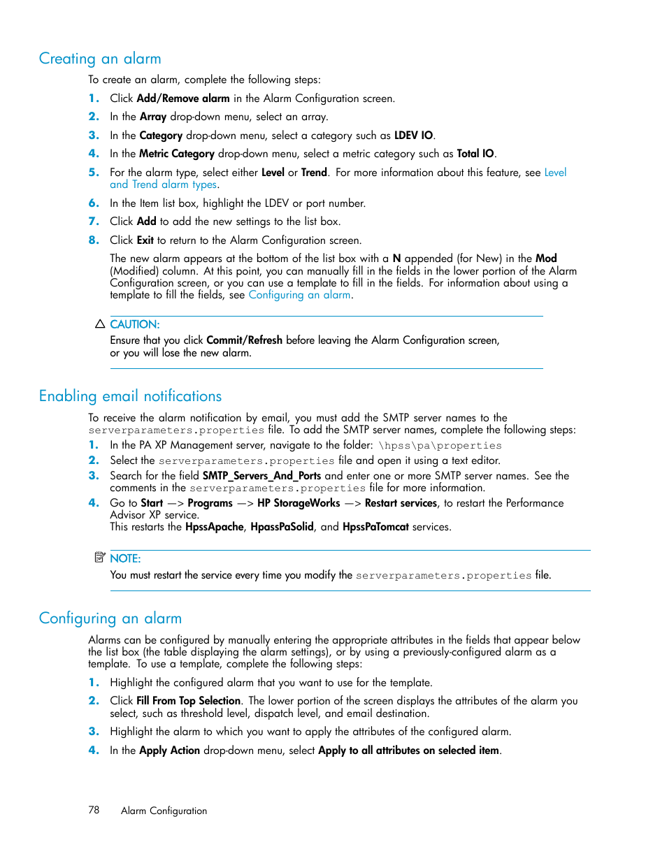 Creating an alarm, Enabling email notifications, Configuring an alarm | HP XP Performance Advisor Software User Manual | Page 78 / 159