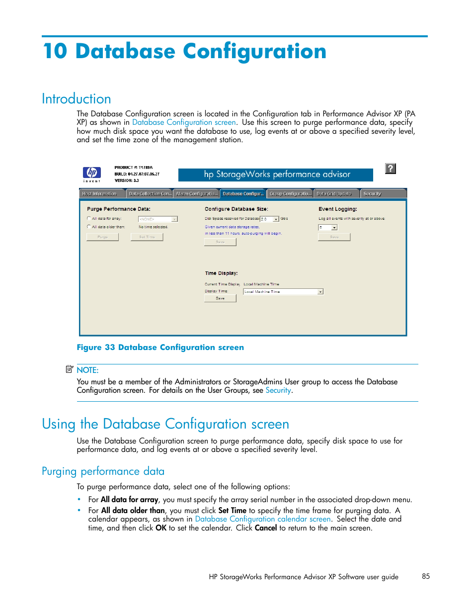 10 database configuration, Introduction, Using the database configuration screen | Purging performance data, Database configuration screen | HP XP Performance Advisor Software User Manual | Page 85 / 159