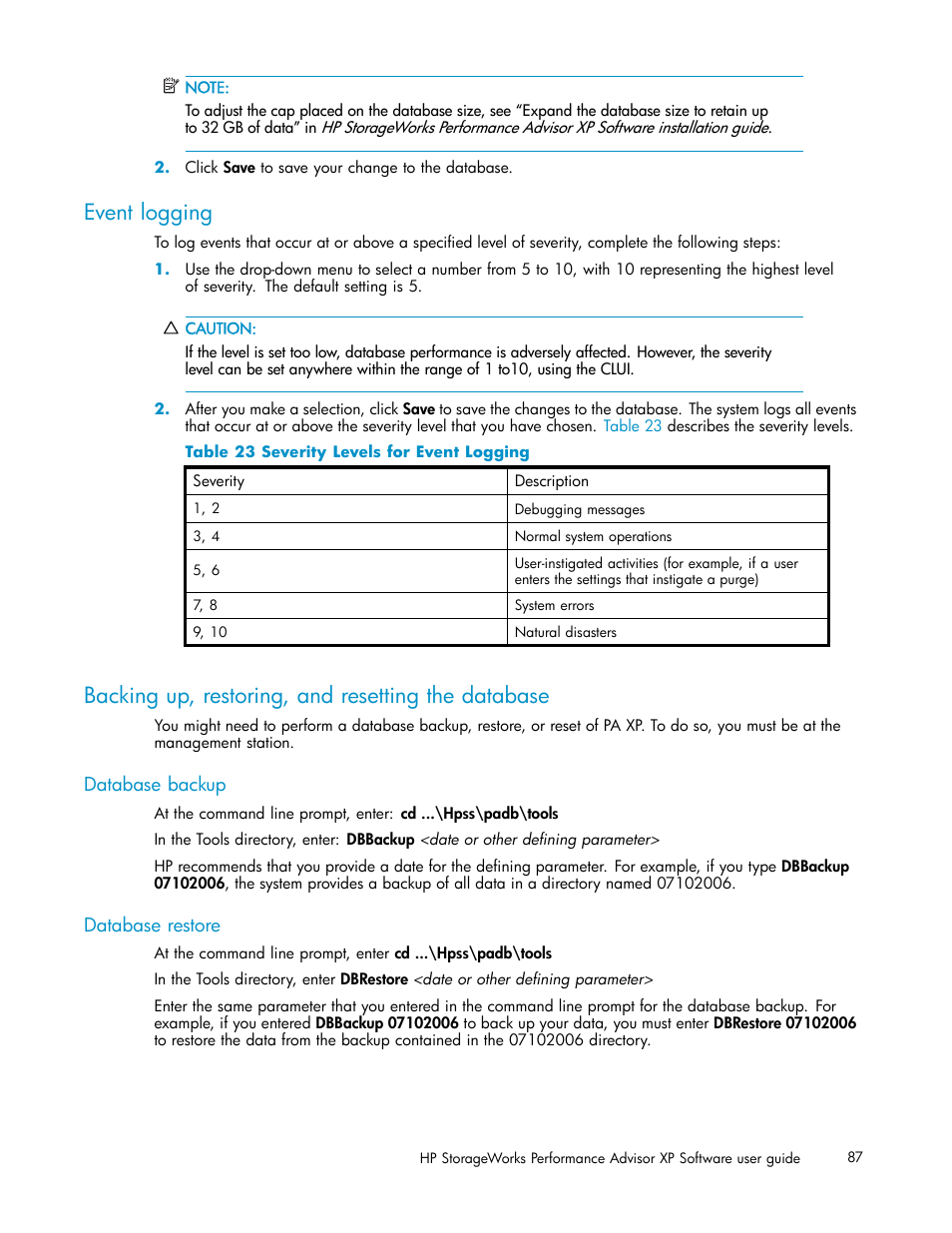 Event logging, Backing up, restoring, and resetting the database, Database backup | Database restore, Severity levels for event logging | HP XP Performance Advisor Software User Manual | Page 87 / 159