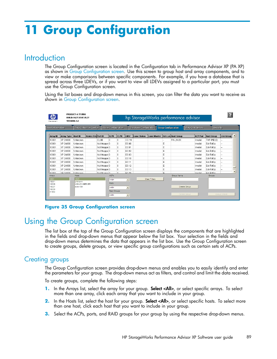 11 group configuration, Introduction, Using the group configuration screen | Creating groups, Group configuration screen | HP XP Performance Advisor Software User Manual | Page 89 / 159