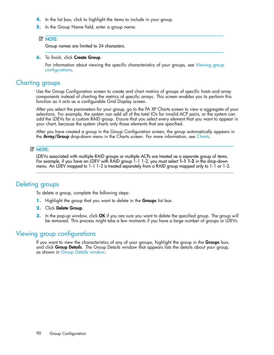 Charting groups, Deleting groups, Viewing group configurations | HP XP Performance Advisor Software User Manual | Page 90 / 159