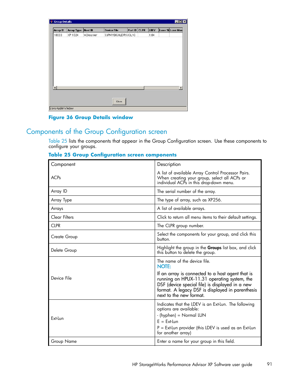 Components of the group configuration screen, Group details window, Group configuration screen components | HP XP Performance Advisor Software User Manual | Page 91 / 159