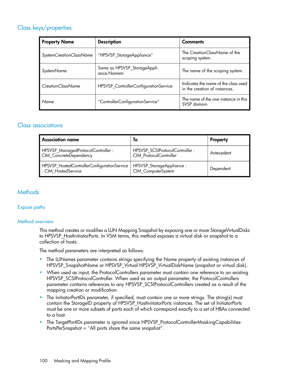 Class keys/properties, Class associations, Methods | Expose paths, Method overview, 100 class associations, 100 methods | HP SAN Virtualization Services Platform User Manual | Page 100 / 324