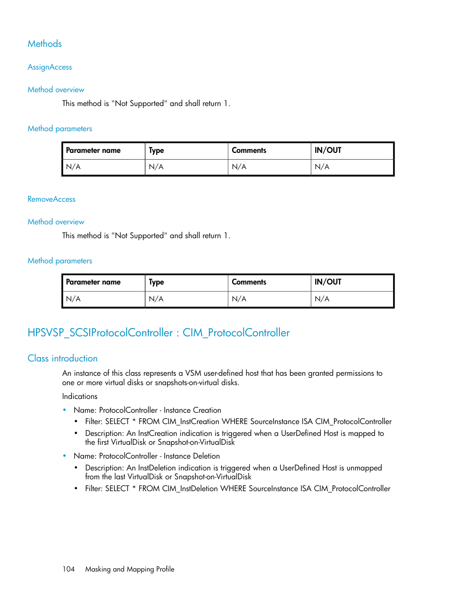Methods, Assignaccess, Method overview | Method parameters, Removeaccess, Class introduction | HP SAN Virtualization Services Platform User Manual | Page 104 / 324