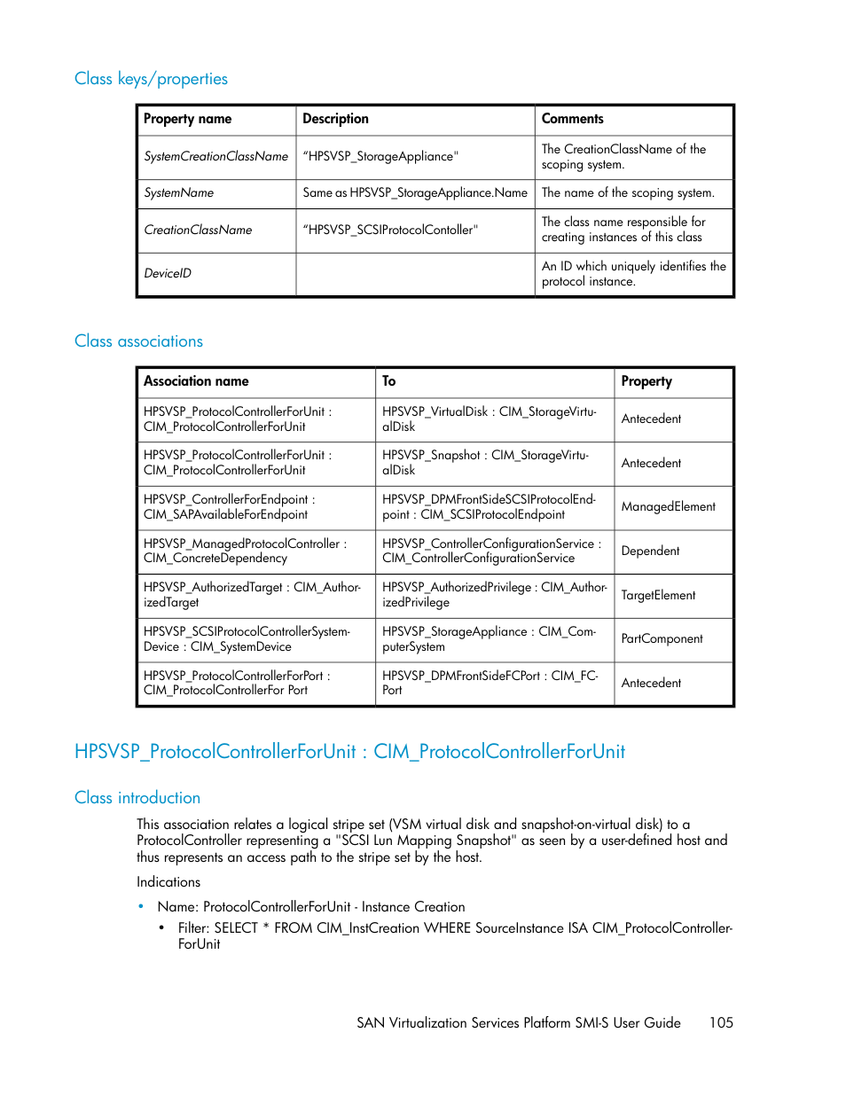 Class keys/properties, Class associations, Class introduction | 105 class associations | HP SAN Virtualization Services Platform User Manual | Page 105 / 324