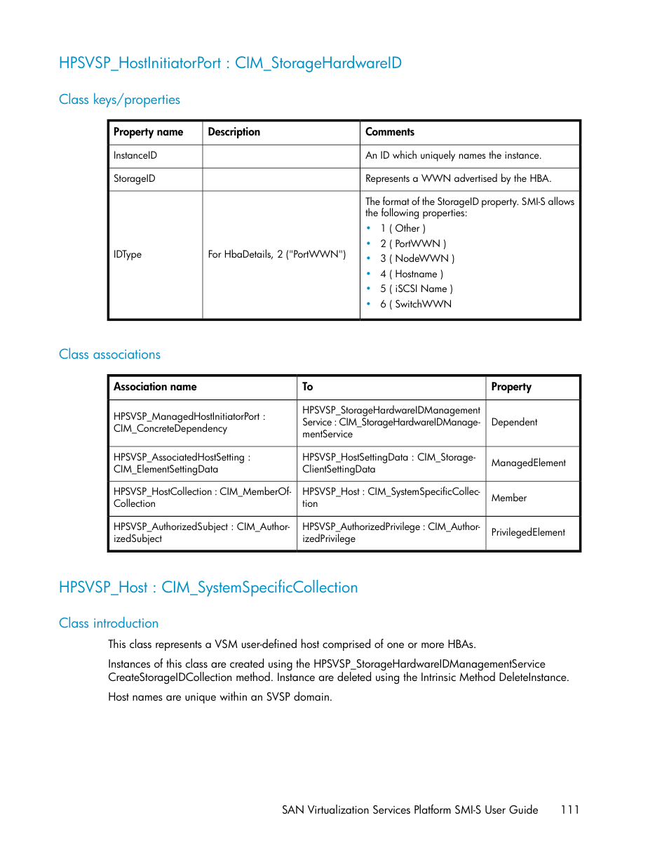 Hpsvsp_hostinitiatorport : cim_storagehardwareid, Class keys/properties, Class associations | Hpsvsp_host : cim_systemspecificcollection, Class introduction, 111 class associations | HP SAN Virtualization Services Platform User Manual | Page 111 / 324