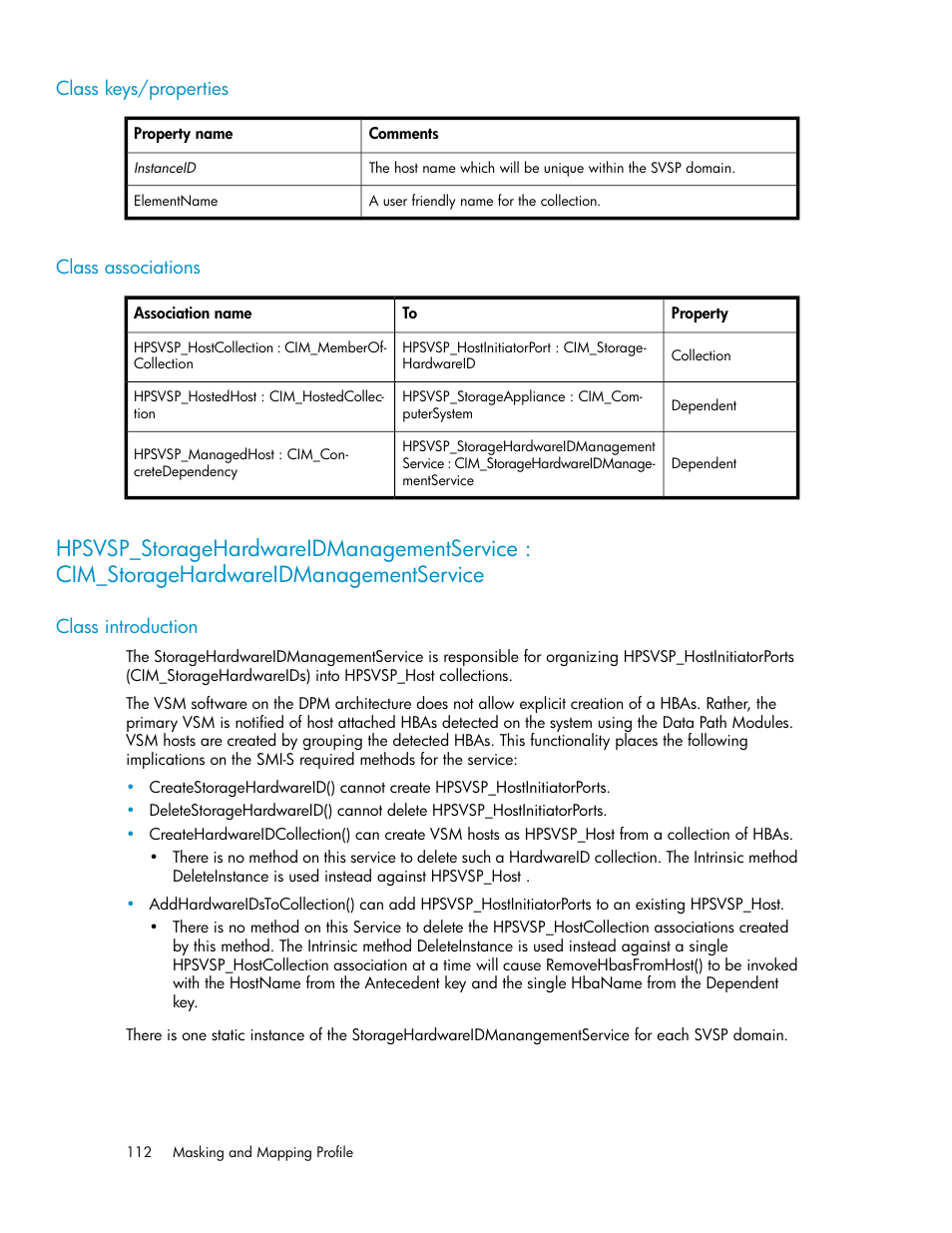 Class keys/properties, Class associations, Class introduction | 112 class associations | HP SAN Virtualization Services Platform User Manual | Page 112 / 324