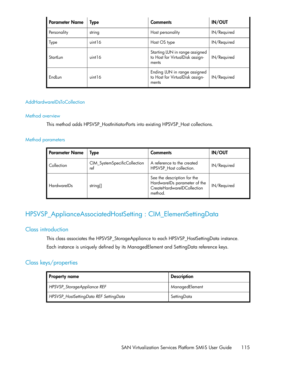 Addhardwareidstocollection, Method overview, Method parameters | Class introduction, Class keys/properties, 115 class keys/properties | HP SAN Virtualization Services Platform User Manual | Page 115 / 324