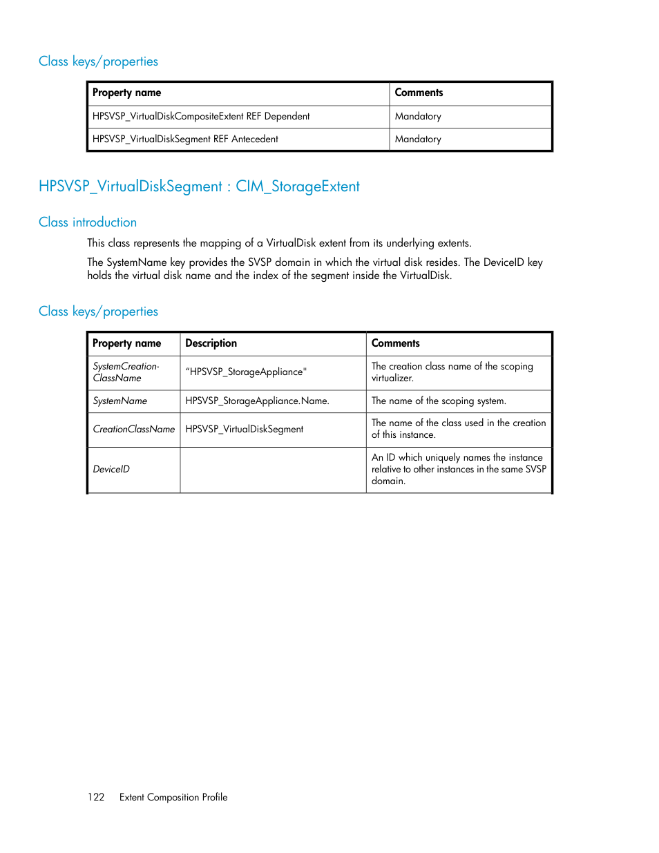 Class keys/properties, Hpsvsp_virtualdisksegment : cim_storageextent, Class introduction | 122 class keys/properties | HP SAN Virtualization Services Platform User Manual | Page 122 / 324