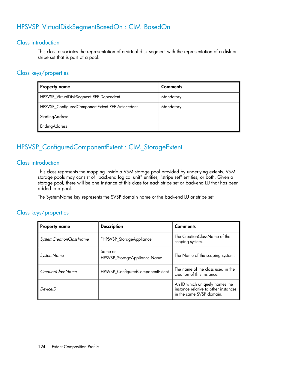 Hpsvsp_virtualdisksegmentbasedon : cim_basedon, Class introduction, Class keys/properties | 124 class keys/properties | HP SAN Virtualization Services Platform User Manual | Page 124 / 324