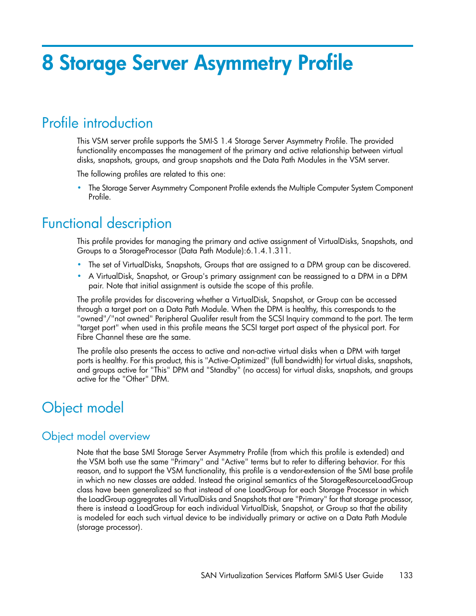 8 storage server asymmetry profile, Profile introduction, Functional description | Object model, Object model overview, 133 functional description, 133 object model | HP SAN Virtualization Services Platform User Manual | Page 133 / 324