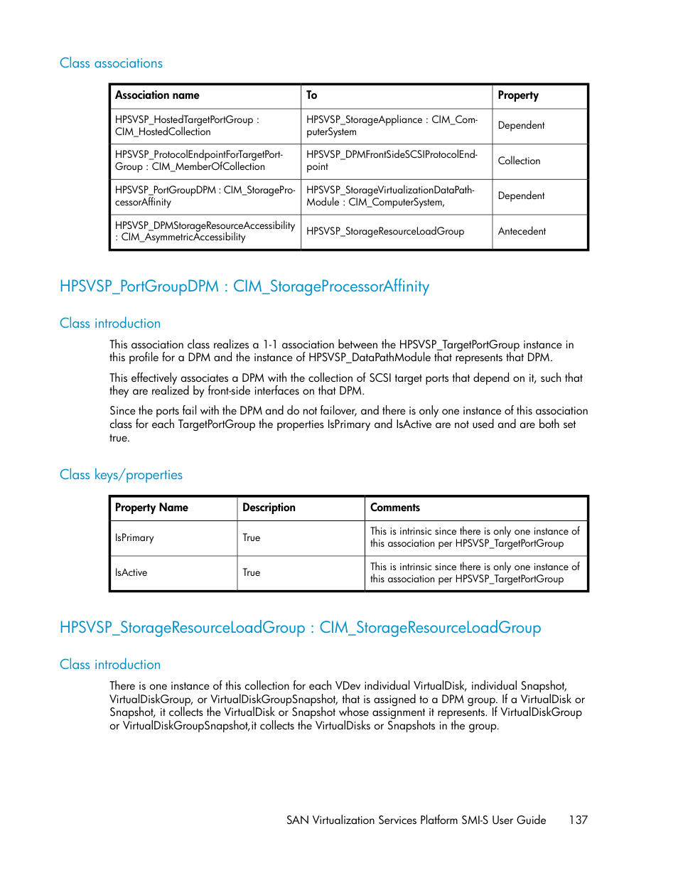 Class associations, Hpsvsp_portgroupdpm : cim_storageprocessoraffinity, Class introduction | Class keys/properties, 137 class keys/properties | HP SAN Virtualization Services Platform User Manual | Page 137 / 324