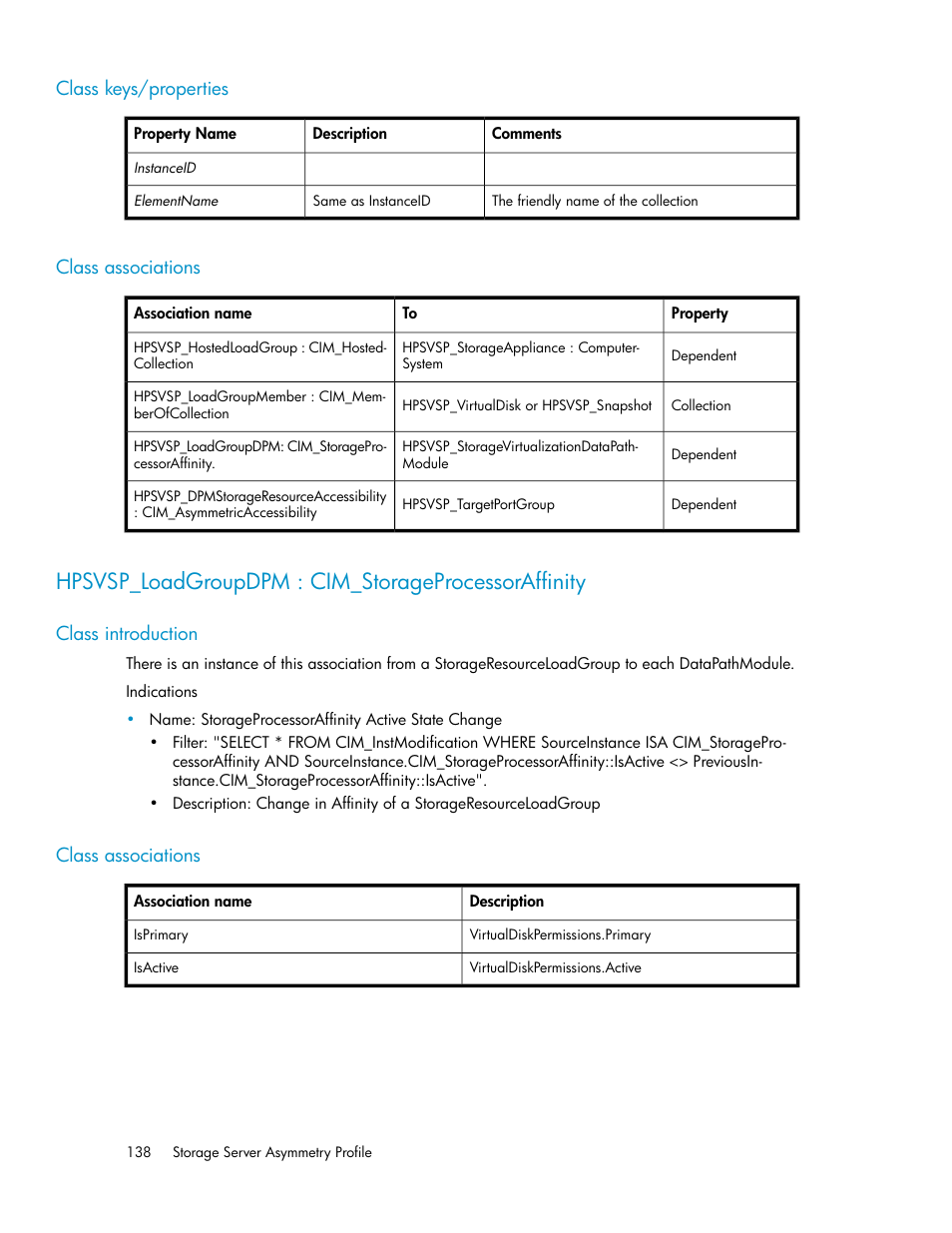 Class keys/properties, Class associations, Hpsvsp_loadgroupdpm : cim_storageprocessoraffinity | Class introduction, 138 class associations | HP SAN Virtualization Services Platform User Manual | Page 138 / 324