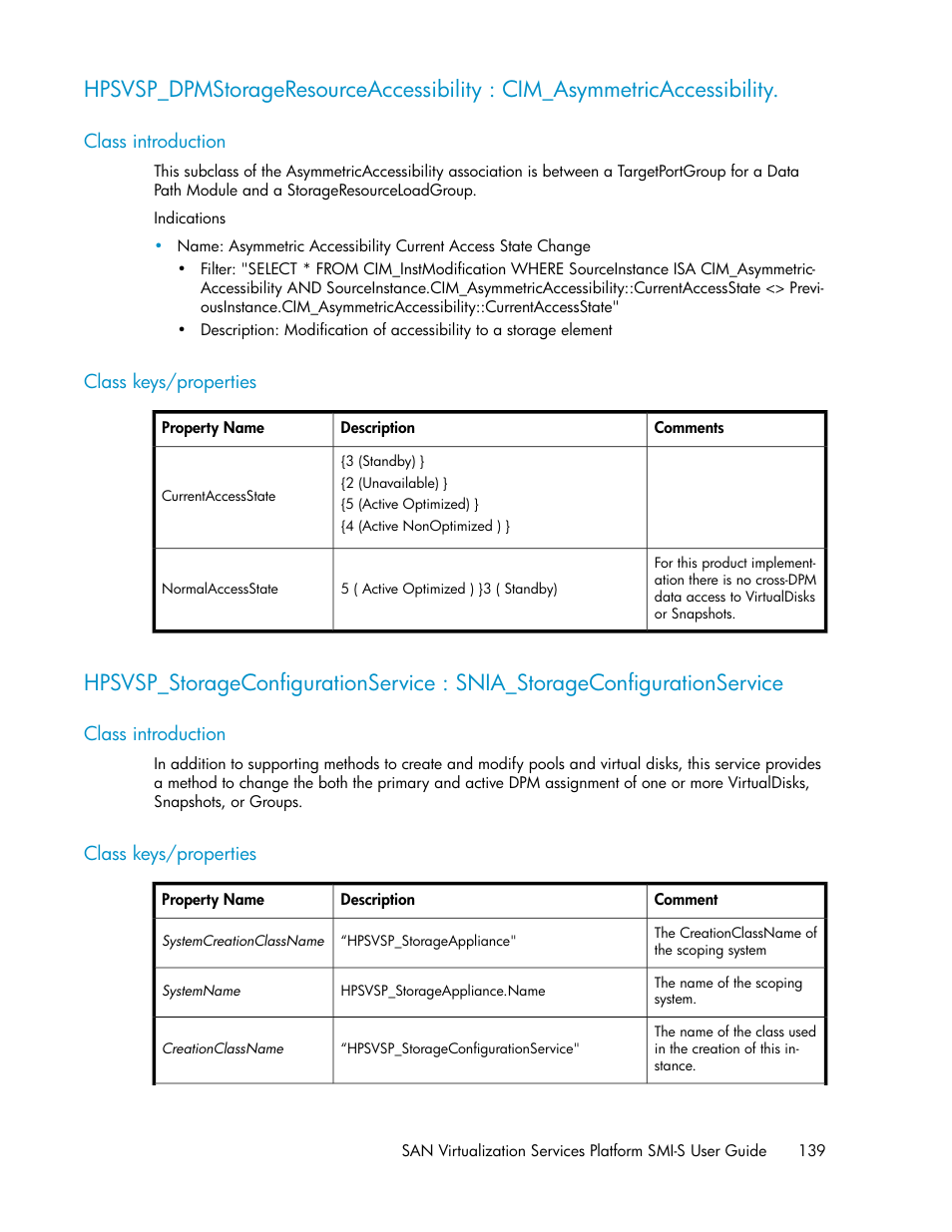 Class introduction, Class keys/properties, 139 class keys/properties | HP SAN Virtualization Services Platform User Manual | Page 139 / 324