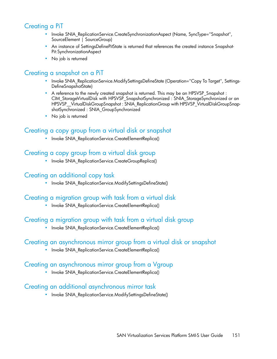 Creating a pit, Creating a snapshot on a pit, Creating a copy group from a virtual disk group | Creating an additional copy task, Creating an additional asynchronous mirror task, 151 creating a snapshot on a pit, 151 creating an additional copy task | HP SAN Virtualization Services Platform User Manual | Page 151 / 324