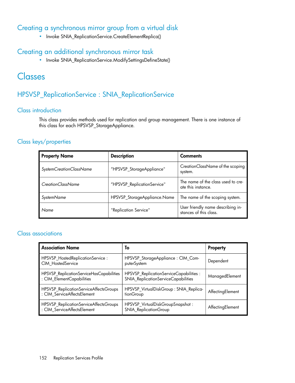 Creating an additional synchronous mirror task, Classes, Class introduction | Class keys/properties, Class associations, 152 creating an additional synchronous mirror task, 152 class keys/properties, 152 class associations | HP SAN Virtualization Services Platform User Manual | Page 152 / 324