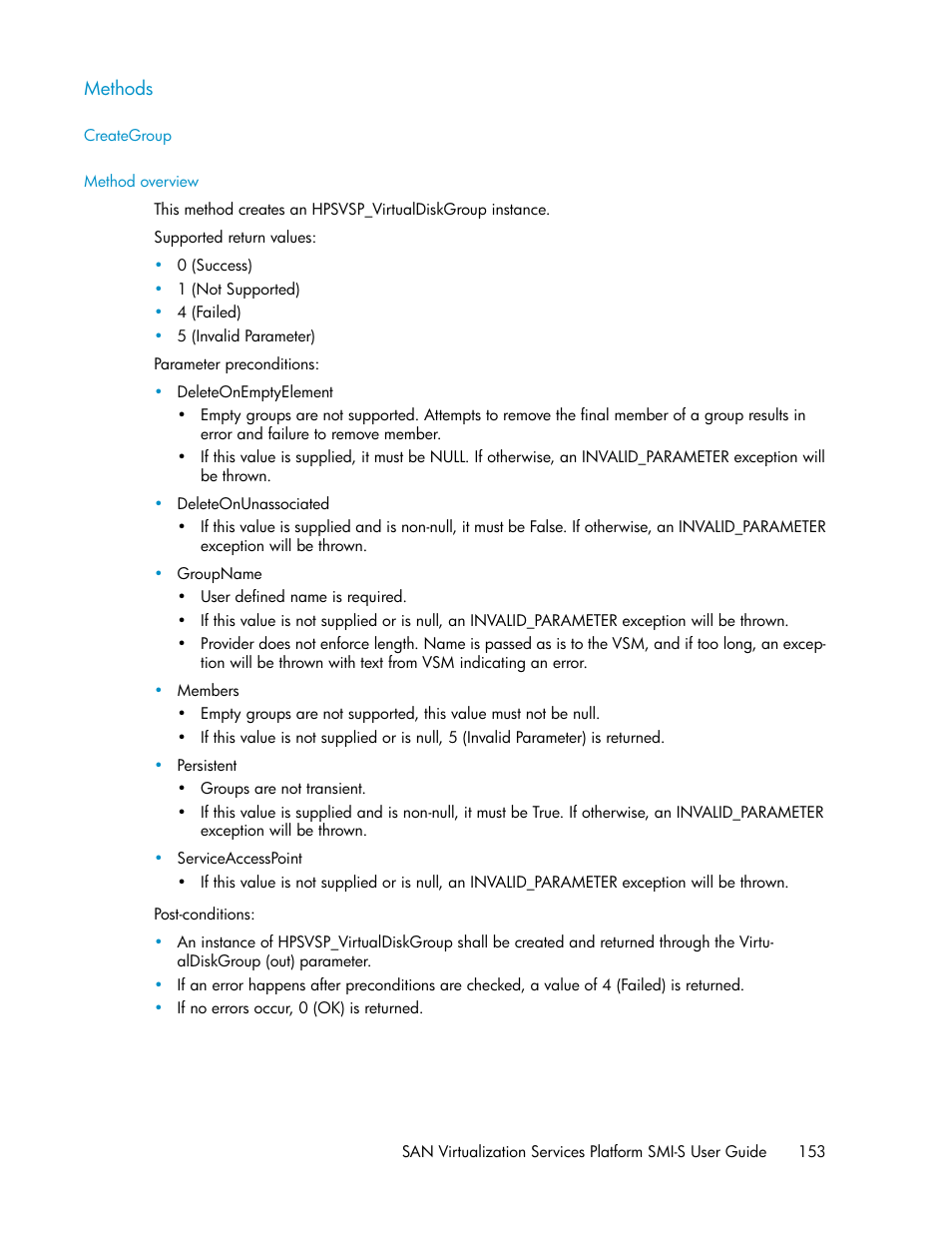 Methods, Creategroup, Method overview | HP SAN Virtualization Services Platform User Manual | Page 153 / 324