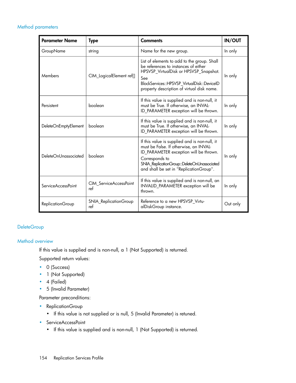 Method parameters, Deletegroup, Method overview | HP SAN Virtualization Services Platform User Manual | Page 154 / 324