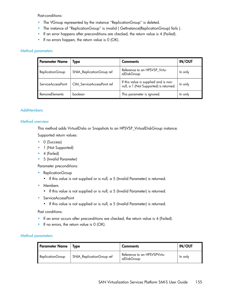 Method parameters, Addmembers, Method overview | HP SAN Virtualization Services Platform User Manual | Page 155 / 324