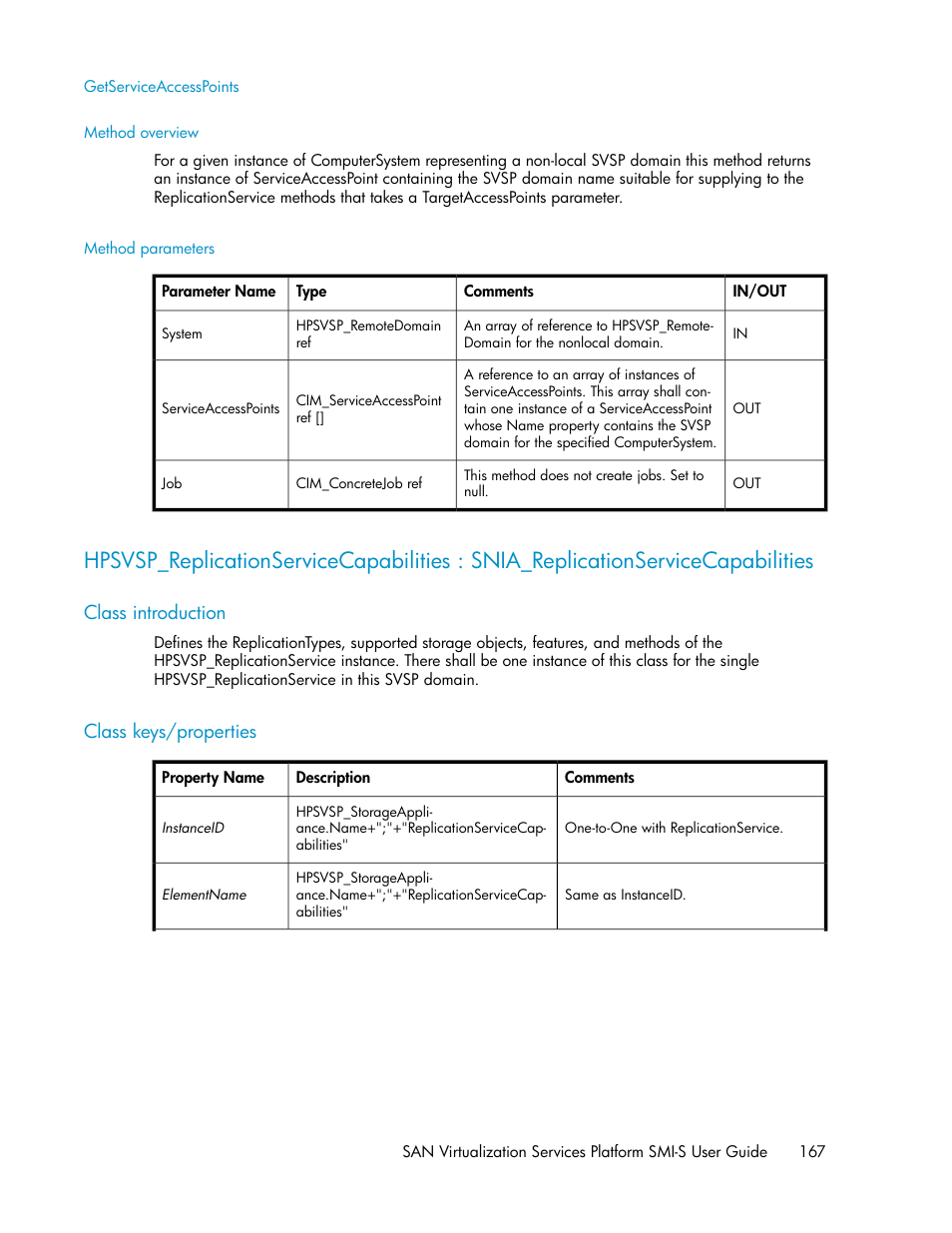 Getserviceaccesspoints, Method overview, Method parameters | Class introduction, Class keys/properties, 167 class keys/properties | HP SAN Virtualization Services Platform User Manual | Page 167 / 324