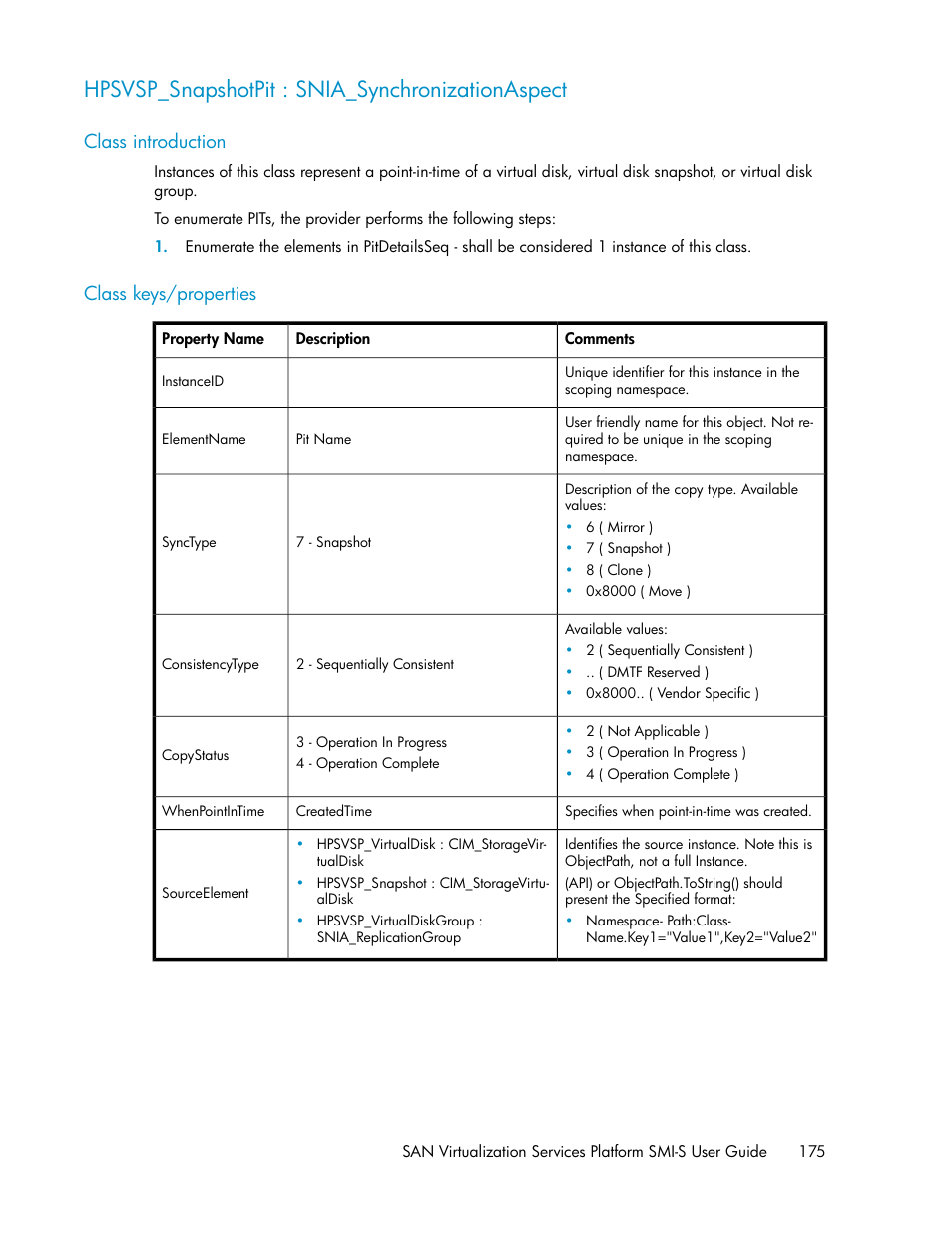 Hpsvsp_snapshotpit : snia_synchronizationaspect, Class introduction, Class keys/properties | 175 class keys/properties | HP SAN Virtualization Services Platform User Manual | Page 175 / 324