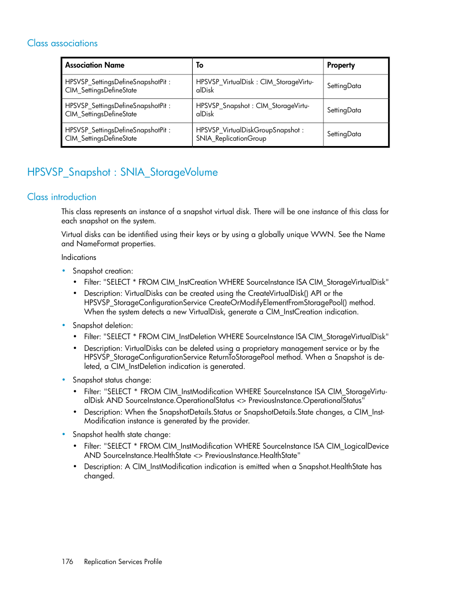 Class associations, Hpsvsp_snapshot : snia_storagevolume, Class introduction | HP SAN Virtualization Services Platform User Manual | Page 176 / 324