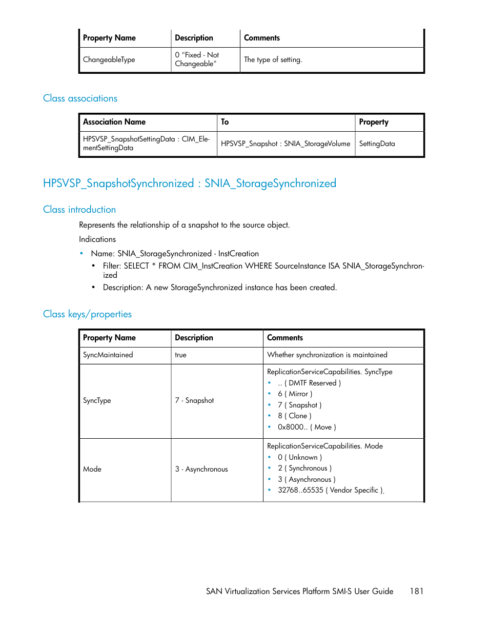 Class associations, Class introduction, Class keys/properties | 181 class keys/properties | HP SAN Virtualization Services Platform User Manual | Page 181 / 324