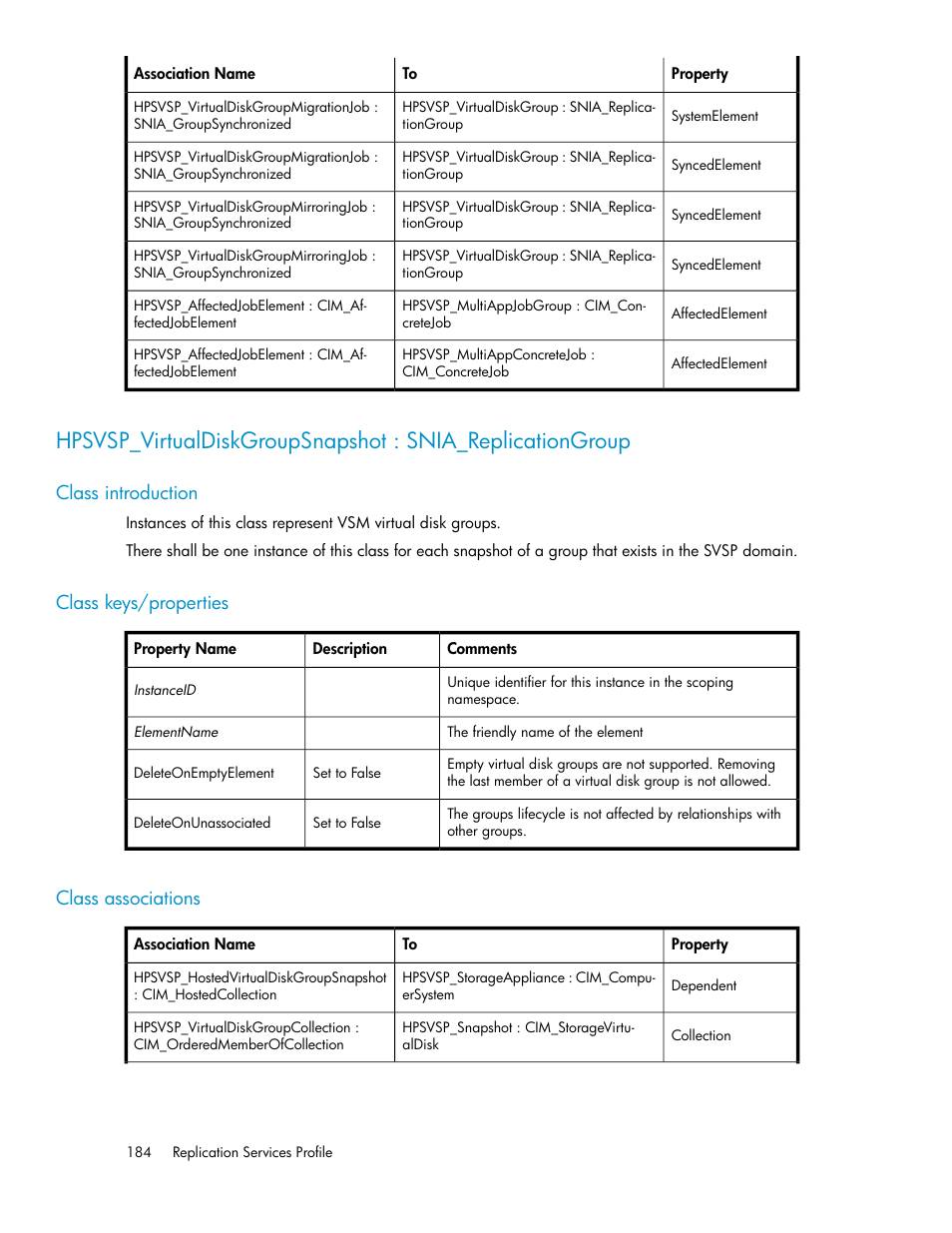 Class introduction, Class keys/properties, Class associations | 184 class keys/properties, 184 class associations | HP SAN Virtualization Services Platform User Manual | Page 184 / 324